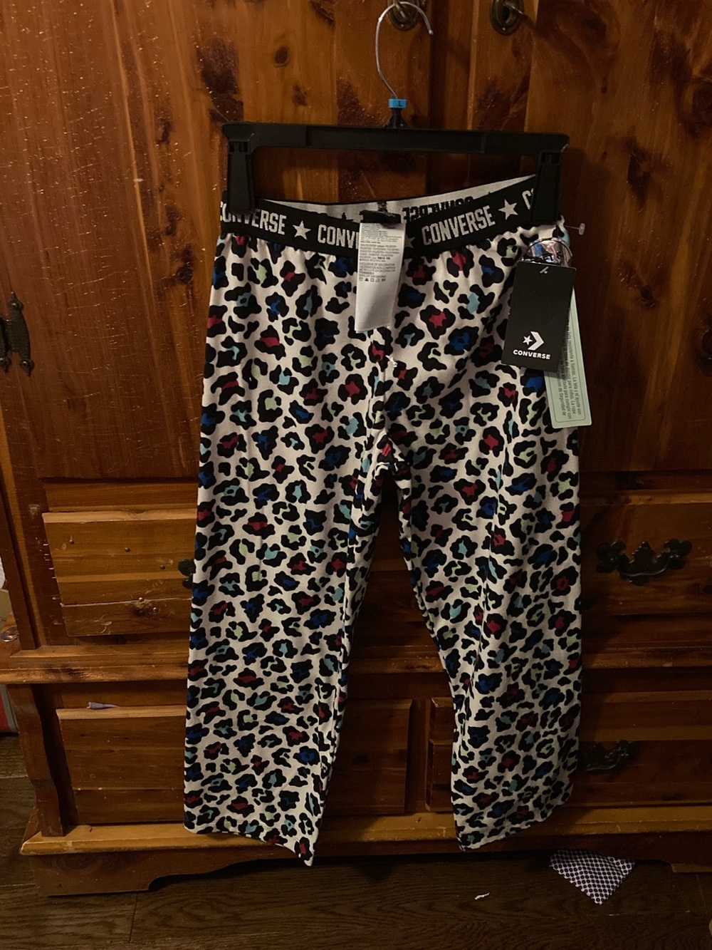 Converse White Leopard Print Lounge Pants with Black Logo Waistband